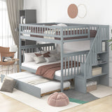 P PURLOVE Stackable Full Over Full Bunk Bed with Trundle, Wood Stairway Storage Bunk Bed with Storage Shelf for Kids Teens, Full Bunk Bed can Be Divided into 3 Individual Beds,Gray Bed Frame P PURLOVE