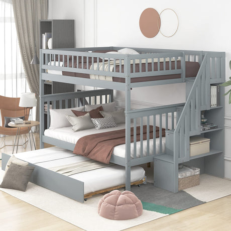P PURLOVE Stackable Full Over Full Bunk Bed with Trundle, Wood Stairway Storage Bunk Bed with Storage Shelf for Kids Teens, Full Bunk Bed can Be Divided into 3 Individual Beds,Gray Bed Frame P PURLOVE