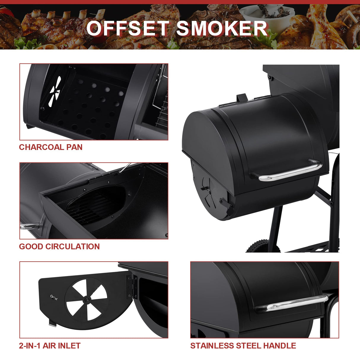 Royal Gourmet CC1830M 30-Inch Barrel Charcoal Grill with Offset Smoker & Warming Rack, Outdoor BBQ Grill with 811 Sq. In. Cooking Space for Backyard, Patio and Parties, Black Royal Gourmet