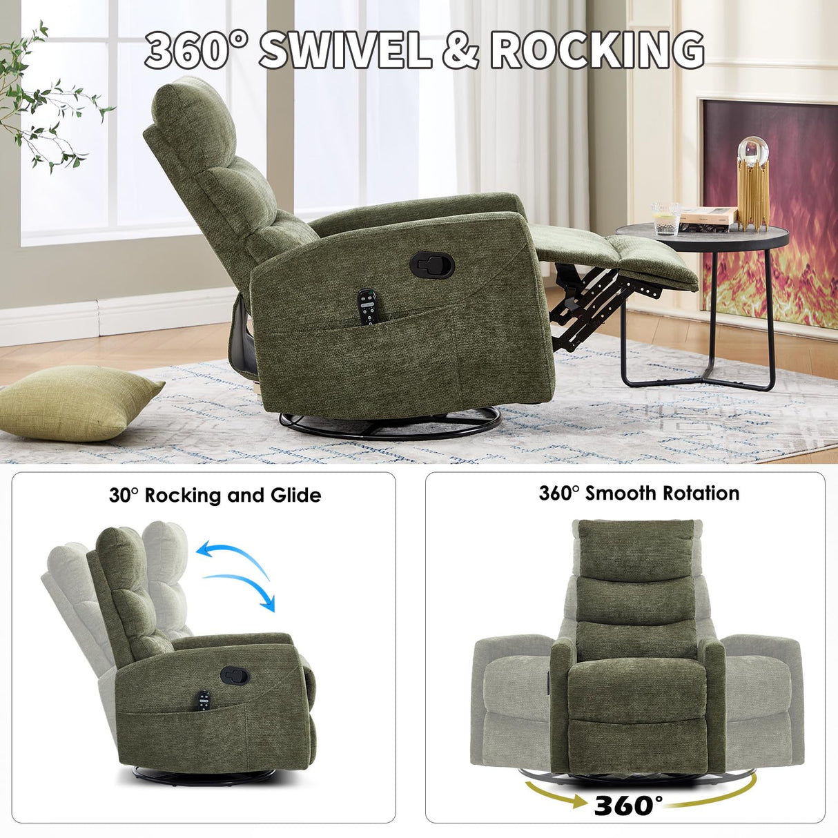 Trustyue Swivel Rocker Recliner Chair, 360° Swivel Recliner with Heat and Massage,Chenille Rocker Recliner Nursery Glider Recliner Chair with Side Pockets for Living Room Green Trustyue