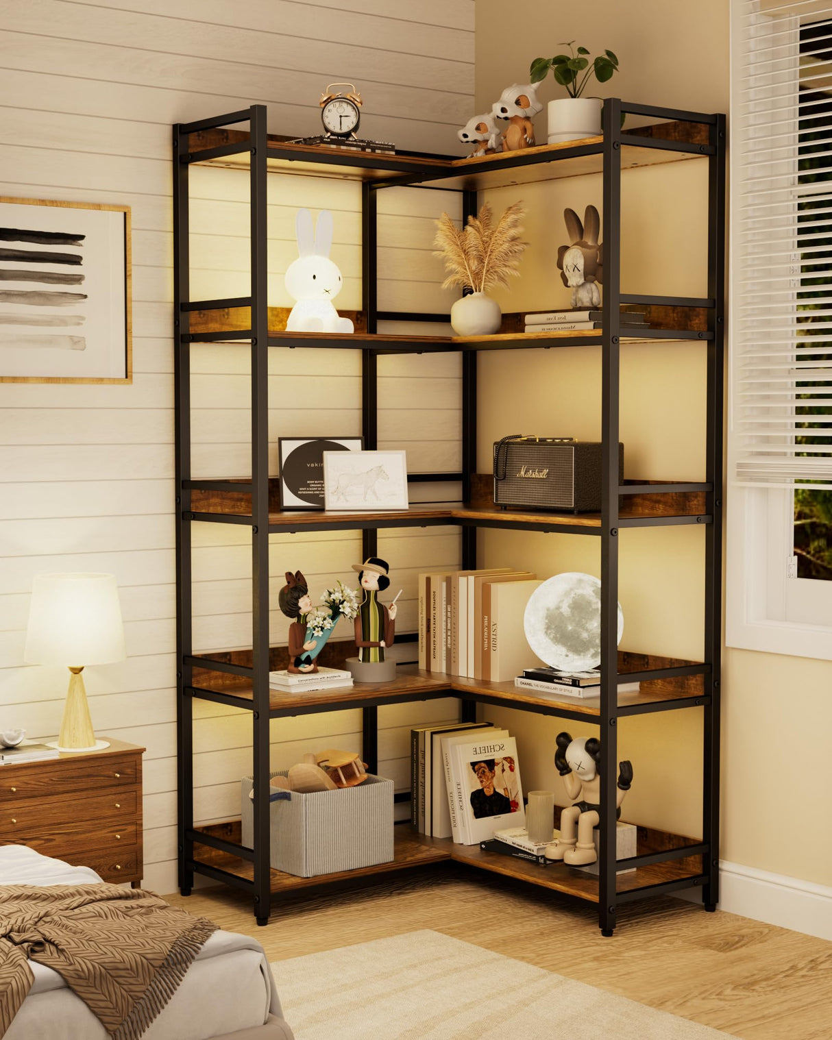 Aquzee Large 5-Tier Corner Bookshelf - Modern Tall Corner Shelf Storage Display Rack with Sturdy Metal Frame - Perfect for Living Room, Home Office, Books and Decor Display Aquzee