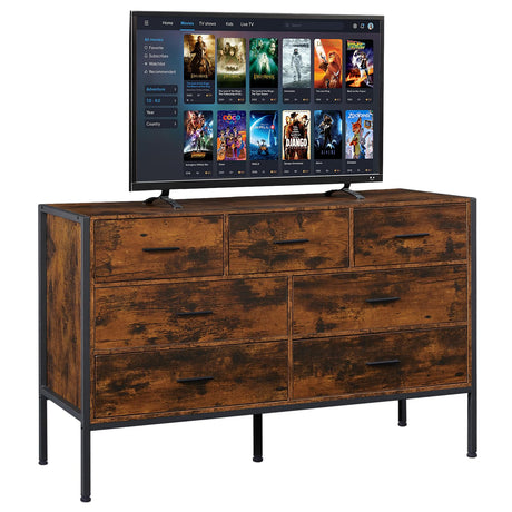 Lyromix Wood Rustic Dresser with 7 Drawers, Wide 48'' Brown TV Stand for Bedroom, Modern Storage Dresser Organizer for Bedroom Living Room, 48.5"x15.7"x31" Lyromix