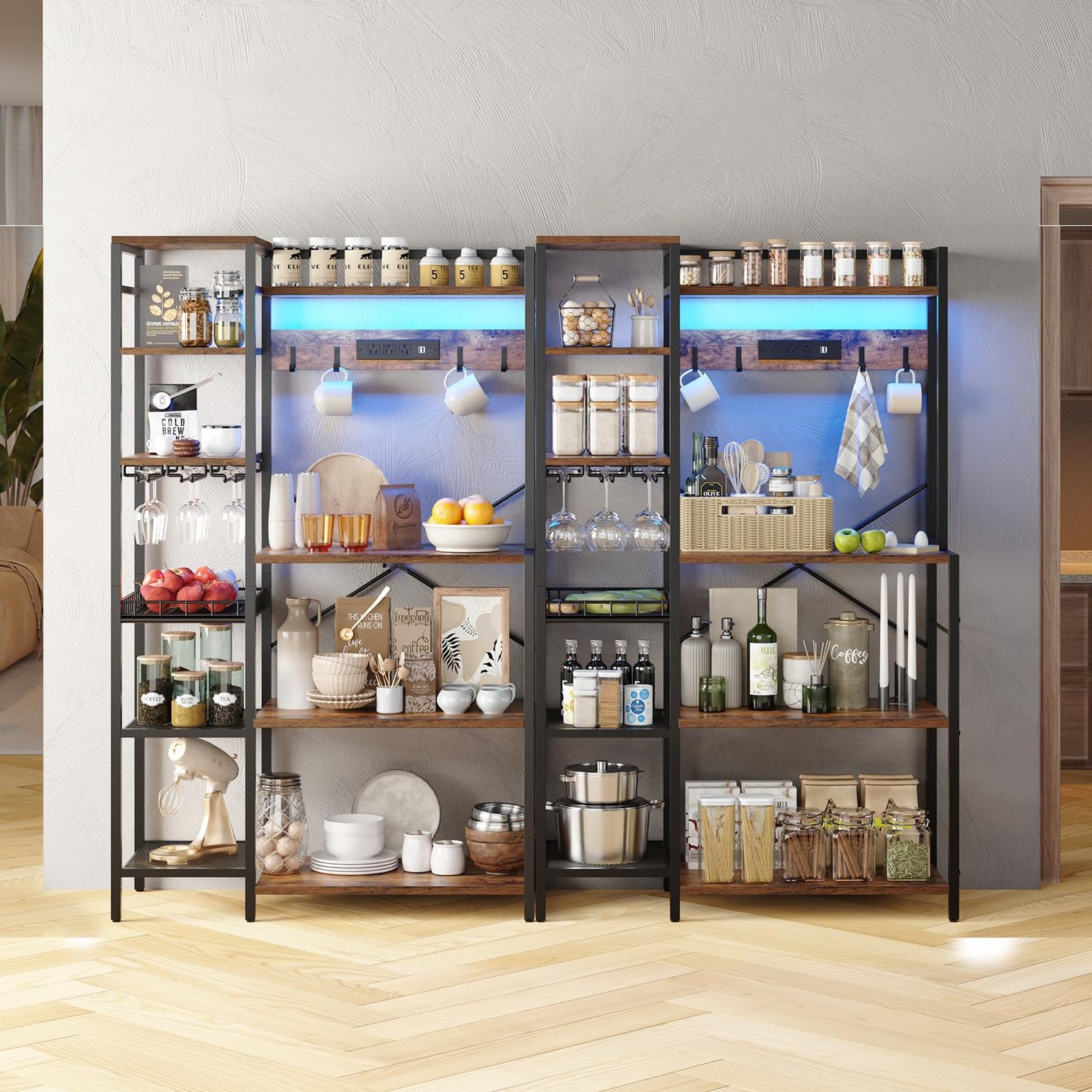 HOOBRO Bakers Rack with Power Outlet, 35.8 Inches Kitchen Microwave Oven Stand Storage Shelf with Goblet Holder, Coffee Bar with LED Lights, and Wire Basket, Rustic Brown and Black BF90UDHB01 HOOBRO