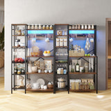 HOOBRO Bakers Rack with Power Outlet, 35.8 Inches Kitchen Microwave Oven Stand Storage Shelf with Goblet Holder, Coffee Bar with LED Lights, and Wire Basket, Rustic Brown and Black BF90UDHB01 HOOBRO