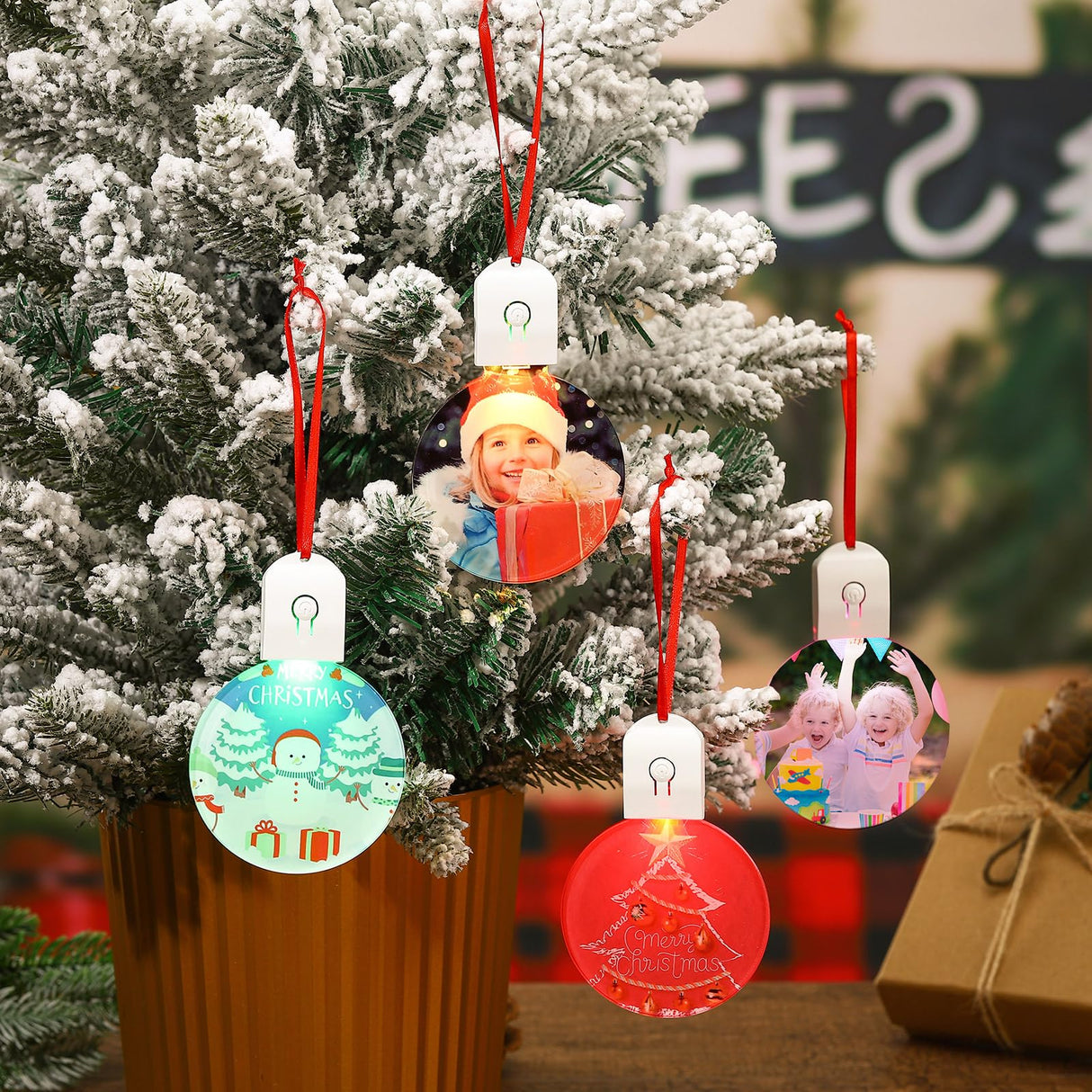 Halloscume 10 Pcs Light up Christmas Sublimation Ornament Blanks with Light Acrylic Blanks LED Ornaments Bulk for Xmas Tree DIY Handmade Crafts Christmas Party Decorations Supplies (Round) Halloscume