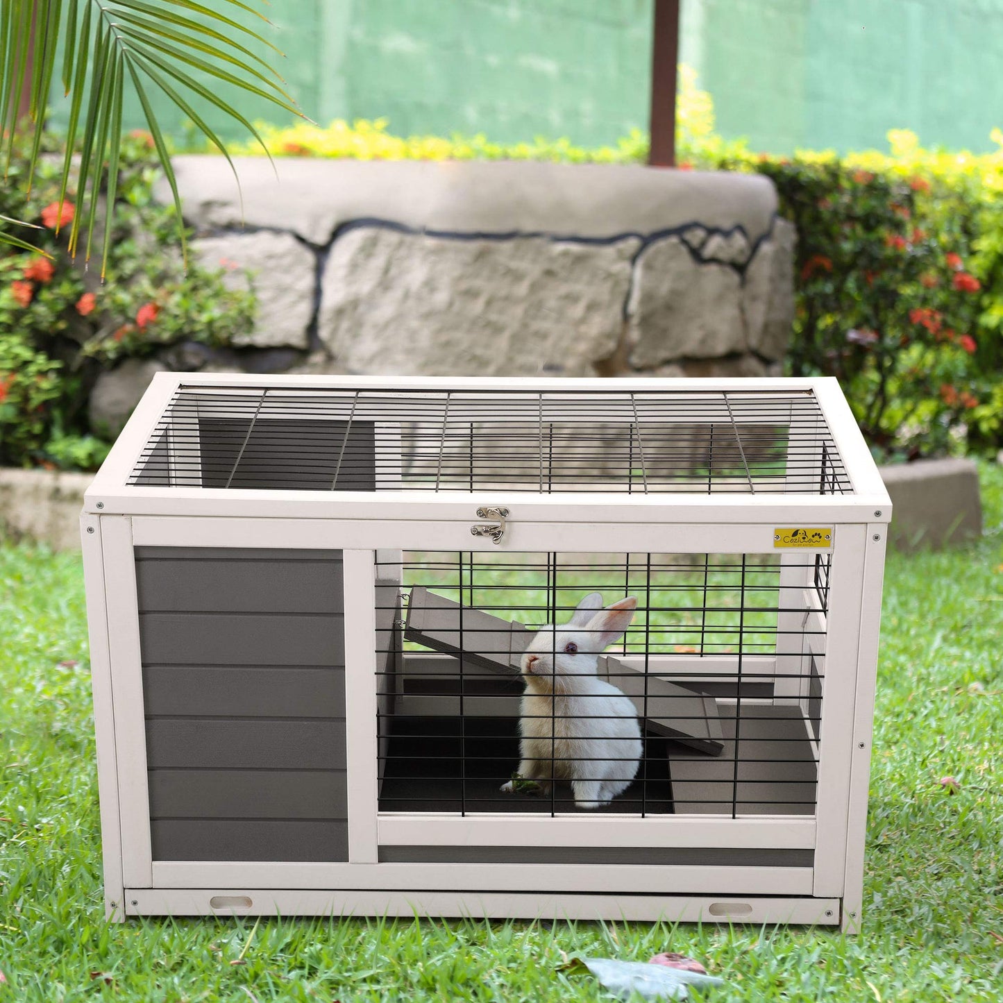 COZIVVOVV Wooden 35Inchs Indoor Outdoor Rabbit Hutch, Small Animal Houses & Habitats, Large Bunny Cage with Removable Tray, Single Level Guinea Pig Hamster Cage（Grey）