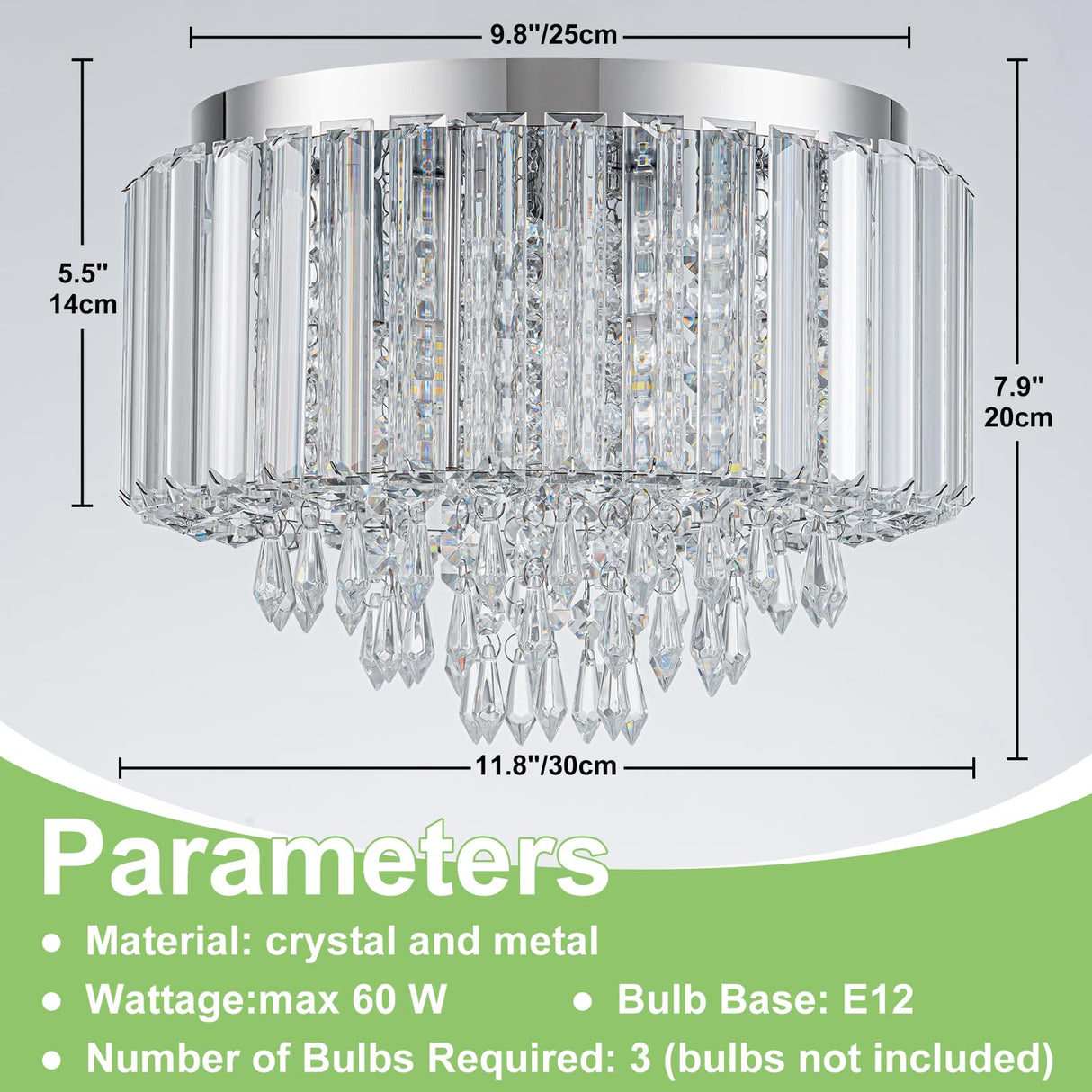 HOPGGIE 11.8 Inch Crystal Chandelier Modern Chandelier Light Mini Chandelier Semi Flush Mount Ceiling Light Fixture Small Chandelier for Bedroom Hallway Kitchen Foyer Closet (Chrome) HOPGGIE