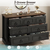 LIKIMIO Farmhouse Dresser for Bedroom with 7 Drawer, 47.2" Wide Wood Rustic Chest of Drawers with Round Metal Handle, Thickened Desktop, Storage Dressers for Bedroom, Hallway, Entryway, Black LIKIMIO