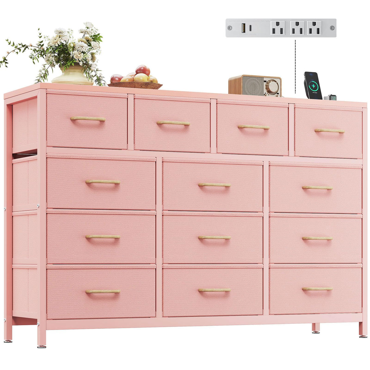 Casaottima Dresser for Bedroom with Charging Station, 55" Long Dresser with 13 Storage Drawers, Large Fabric Dressers Chests of Drawers with Shelves, Pink Casaottima