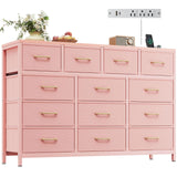 Casaottima Dresser for Bedroom with Charging Station, 55" Long Dresser with 13 Storage Drawers, Large Fabric Dressers Chests of Drawers with Shelves, Pink Casaottima