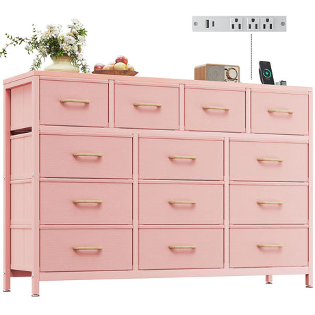 Casaottima Dresser for Bedroom with Charging Station, 55" Long Dresser with 13 Storage Drawers, Large Fabric Dressers Chests of Drawers with Shelves, Pink Casaottima