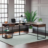 Sauder International Lux Modern L-Shaped Desk, L: 65.98" x W: 60.0" x H: 29.72", Umber Wood finish Sauder