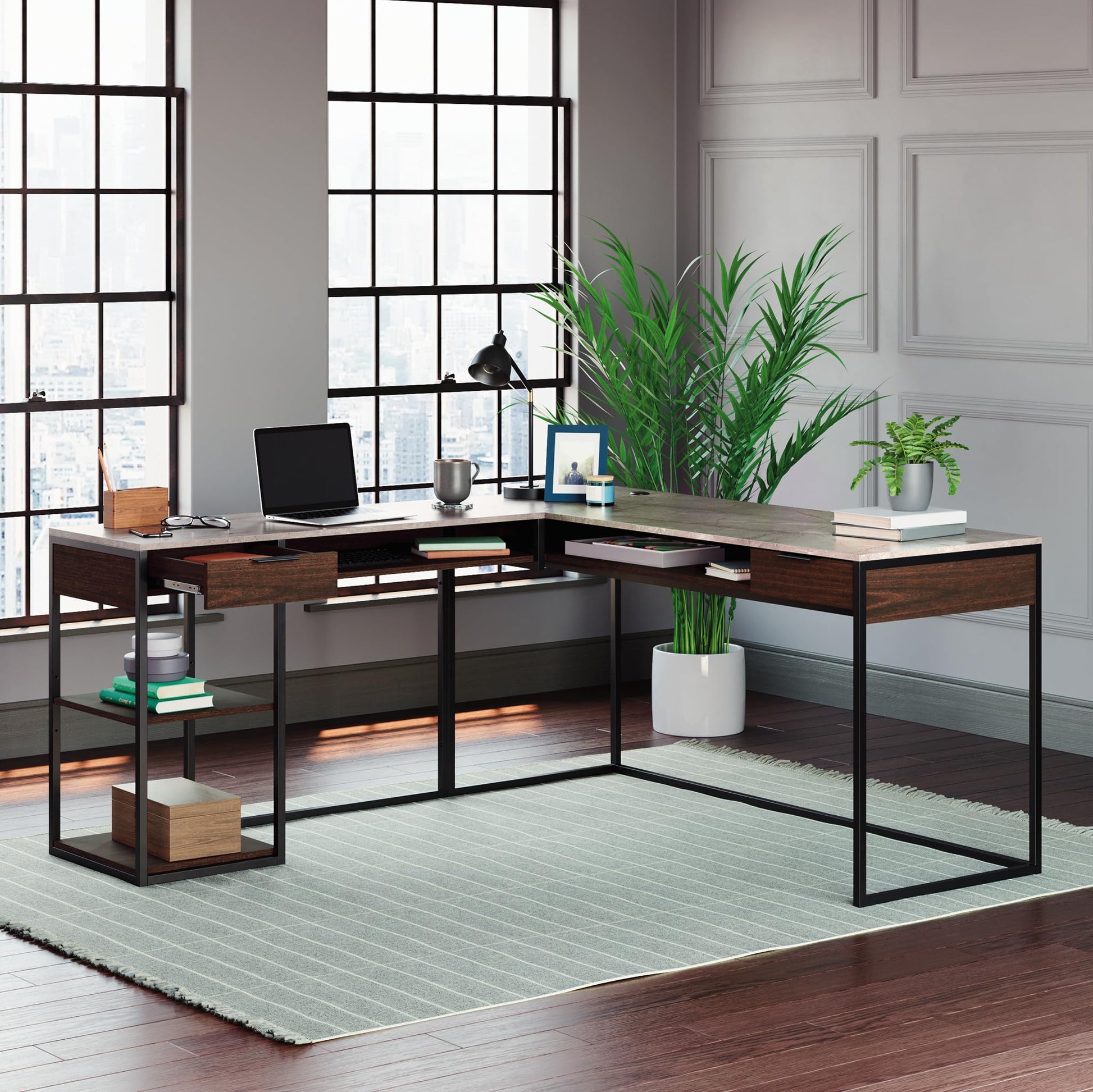 Sauder International Lux Modern L-Shaped Desk, L: 65.98" x W: 60.0" x H: 29.72", Umber Wood finish - WoodArtSupply