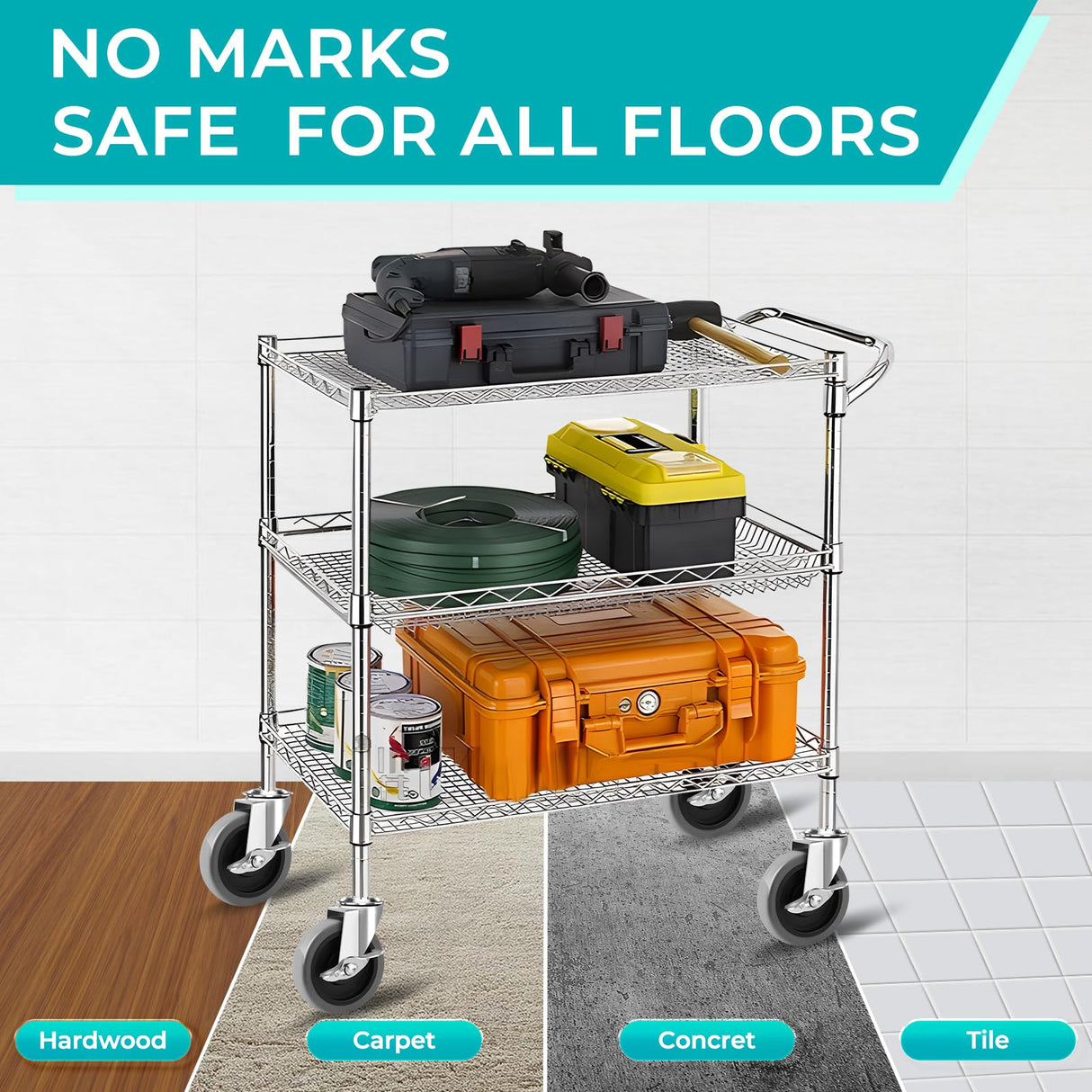 Besitu 4 Inch Caster Wheels, 1/2"-13 Inch Course Threaded Stem Caster Set of 4 with Side Brake, Heavy Duty TPR Swivel Caster Wheels for Dolly Cart, Wire Shelving Industrial Screw in Casters Besitu