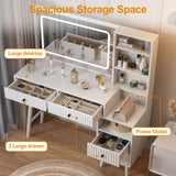 Fluted Makeup Vanity Desk with 36" Large Mirror and 3 Modes Adjustable Lights, 48" Big Modern Vanity Mirror with Lights and Charging Station, Vanity Table with Drawers and Solid Wood Legs for Bedroom HEYNEMO