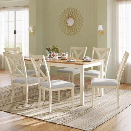 LUXOAK 7-Piece Farmhouse Solid Wood Dining Table Set with 6 Chairs, 60" Rectangular Dining Table & Chair Set for 6 People, Dining Table with Wood Legs, Table Set for Dining room, Kitchen, Rustic Cream LUXOAK