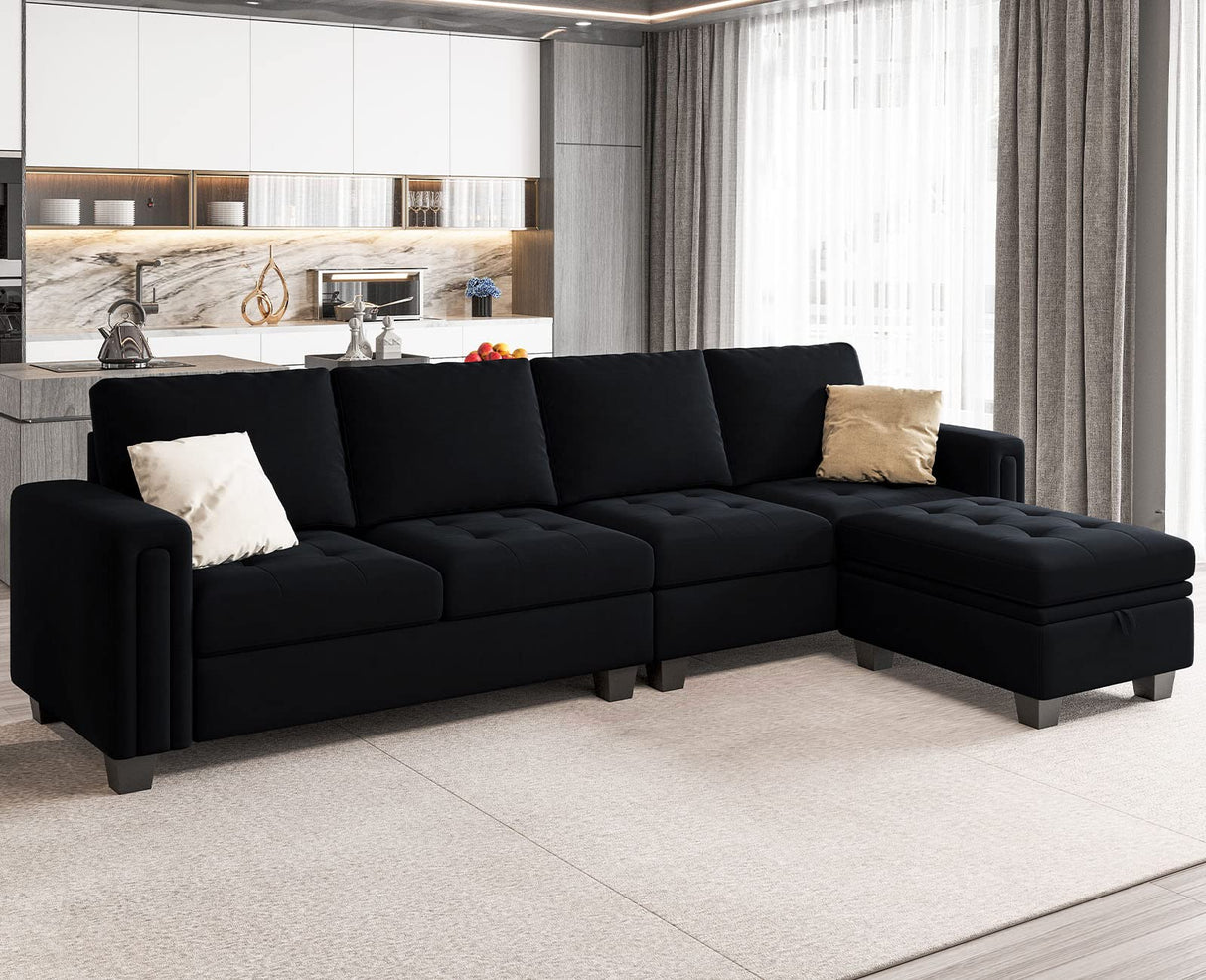 Belffin Velvet Reversible Sectional Sofa with Chaise Convertible L Shaped 4-seat Sectional Couch with Storage Ottoman Black Belffin
