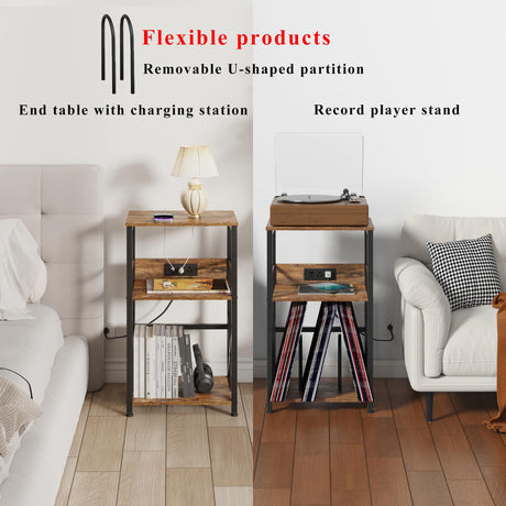 DALEMHOME Record Player Stand with Charging Station, Turntable Stand with Storage, Record Table for Vinyl, 3 Tier End Table for Living Room, Bedroom, Rustic Brown HKET1001BR DALEMHOME