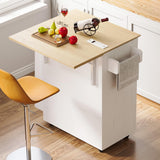 IRONCK Kitchen Island Table with Storage, Rolling Kitchen Cart with Power Outlet, Storage Cabinets on Wheels with Drop Leaf, Portable for Dining Room, White IRONCK
