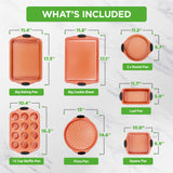 NutriChef 8 Piece Baking Pans Set - Nonstick Carbon Steel Bakeware Set w/ Silicone Heat-Safe Handles - Includes Loaf Pan, Muffin Pan, Cookie Sheets, Pizza Crisper, Roasting Pans - Copper NutriChef