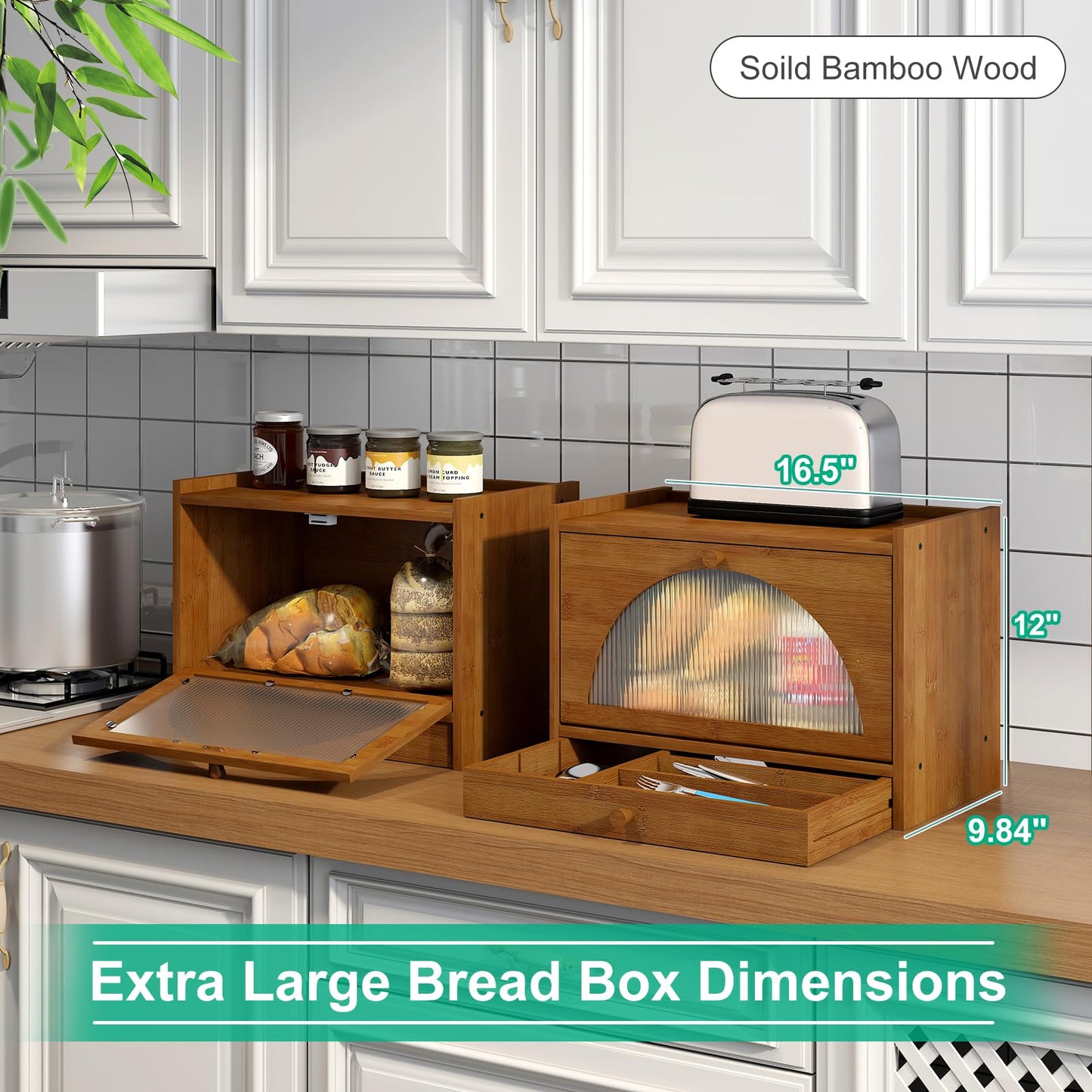 kiplant Bread Box for Kitchen Counter, Large Bamboo Bread Storage Container with Silverware Drawer, Bamboo Wooden Farmhouse Bread Box for Your House - WoodArtSupply