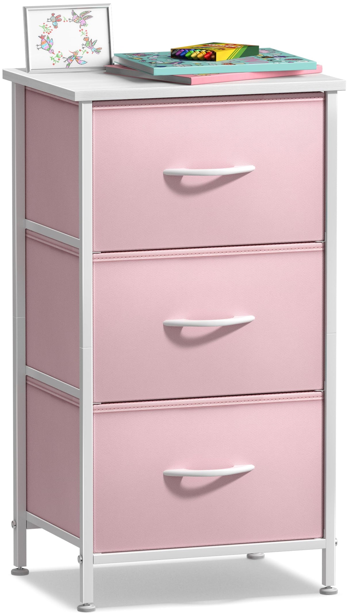 Sorbus Nightstand with 3 Drawers - Bedside Furniture & Accent End Table Chest for Home, Bedroom Accessories, Office, College Dorm, Steel Frame, Wood Top, Pastel Fabric Bins (Pink) Sorbus