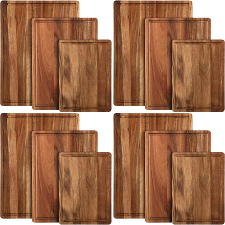 Tioncy 12 Pcs Wood Cutting Board Set Thick Wooden Cutting Boards for Kitchen Butcher Block Cutting Board with Juice Groove for Meat Cheese Fruit Trays, 16x12, 14x10, 11x8 Inch(Acacia) Tioncy