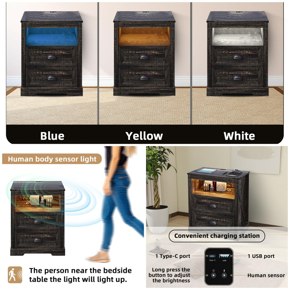 FONTOI Farmhouse Nightstand, End Table with Drawers & Charging Station, Bedside Table with 3 LED Lights Modes, Wood Nightstand with Smart Human Sensor for Bedroom, Brown, Set of 2 FONTOI