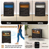 FONTOI Farmhouse Nightstand, End Table with Drawers & Charging Station, Bedside Table with 3 LED Lights Modes, Wood Nightstand with Smart Human Sensor for Bedroom, Brown, Set of 2 FONTOI