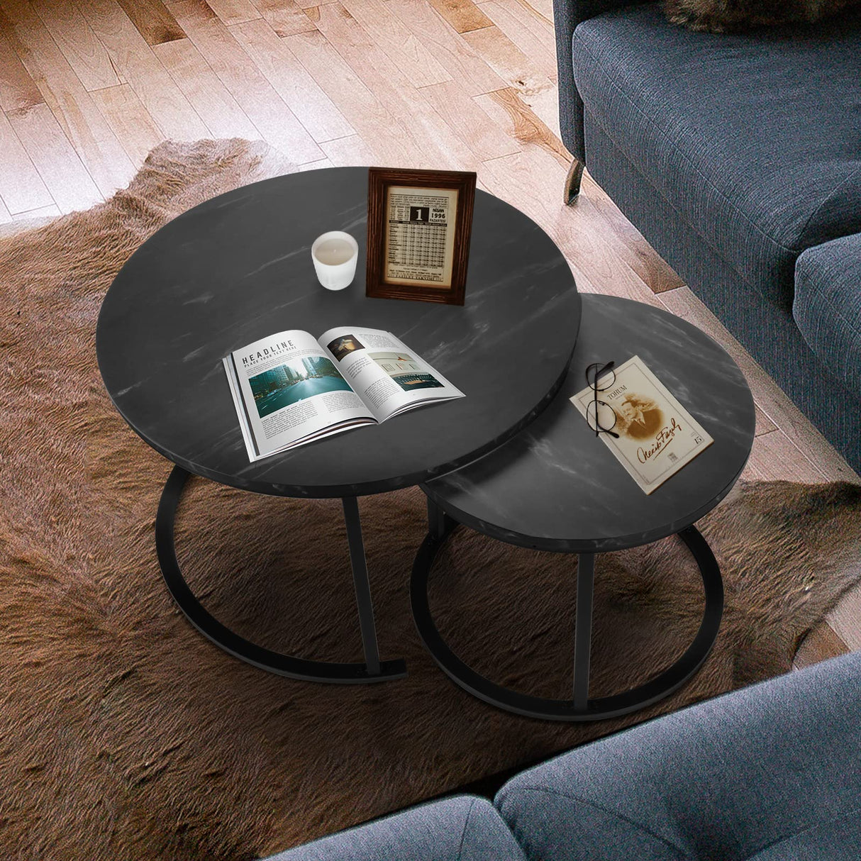 Round Nesting Coffee Set, Stackable Modern Accent Cocktail Table for Living Room Office Balcony,Nesting Tables 2 Piece with Solid Metal Frame and Easy Assembly (Black) EUROSAKURA