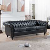 Ball & Cast 84" Chesterfield Leather Sofa with Channel Tufted Seat Back,Classic 3 Seater Couch w/Roll Arm Nailhead Trim and Upholstered,Mid Century Furniture for Living Room,Bedroom,Office,Black PU Ball & Cast
