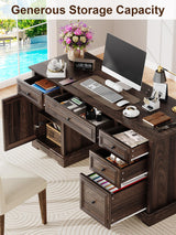 Vipbear 60" Farmhouse Executive Office Desk with Drawers and File Cabinet, Embossed Texture Wood Home Office Desk, Rustic Computer Desk, Workspace for Work Study Writing, Dark Brown Vipbear