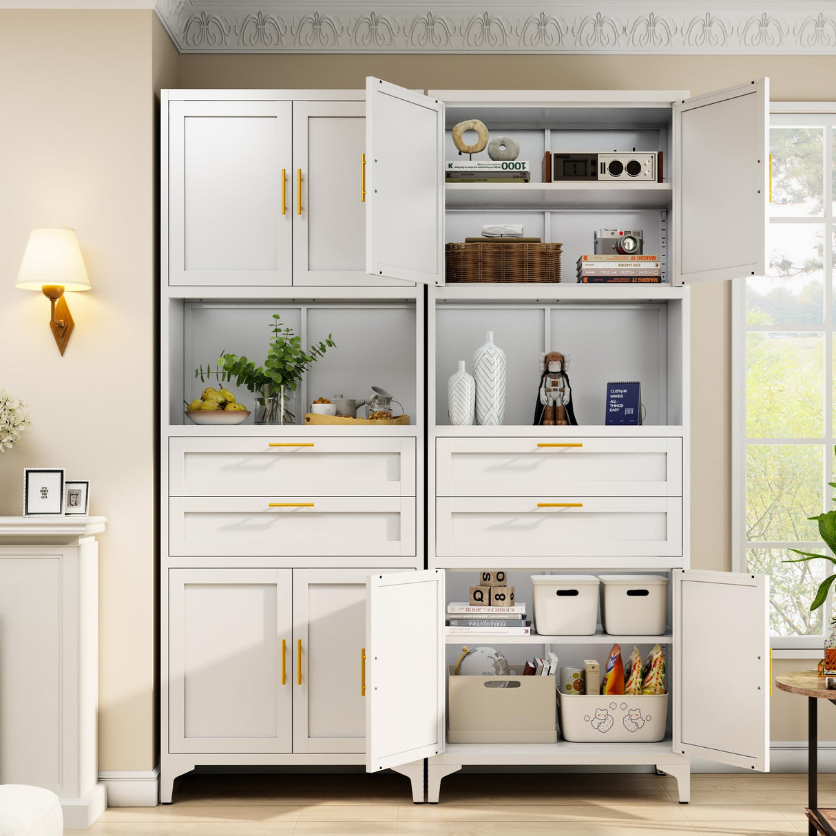 ZLBRDS 75” Tall Kitchen Pantry Storage Cabinet, Metal Storage Cabinet with 2 Drawers and Adjustable Shelves, Bathroom Storage Cabinet with Open Compartments, Freestanding Cupboard for Kitchen (White) ZLBRDS