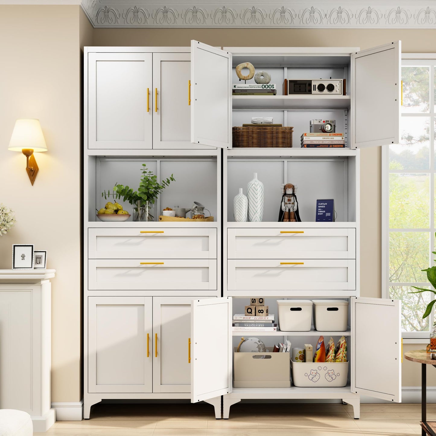 ZLBRDS 75” Tall Kitchen Pantry Storage Cabinet, Metal Storage Cabinet with 2 Drawers and Adjustable Shelves, Bathroom Storage Cabinet with Open Compartments, Freestanding Cupboard for Kitchen (White)