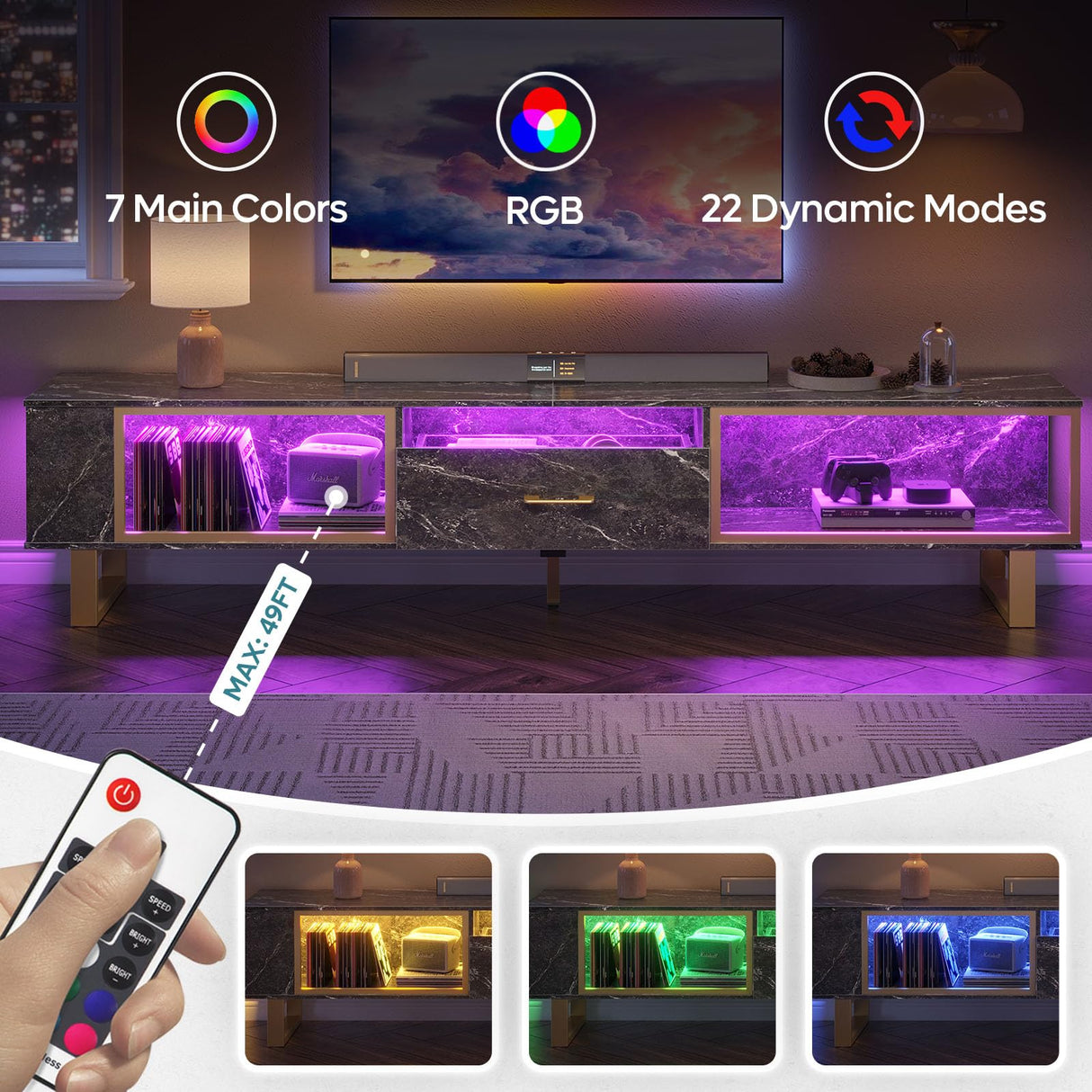 Bestier 80 Inch TV Stand for 65/75/85/90 Inch TVs, LED Gaming Entertainment Center with Open Storage and Half-Glass Design Drawer, Modern High Gloss Media Console for Living Room Bedroom, Black Marble Bestier