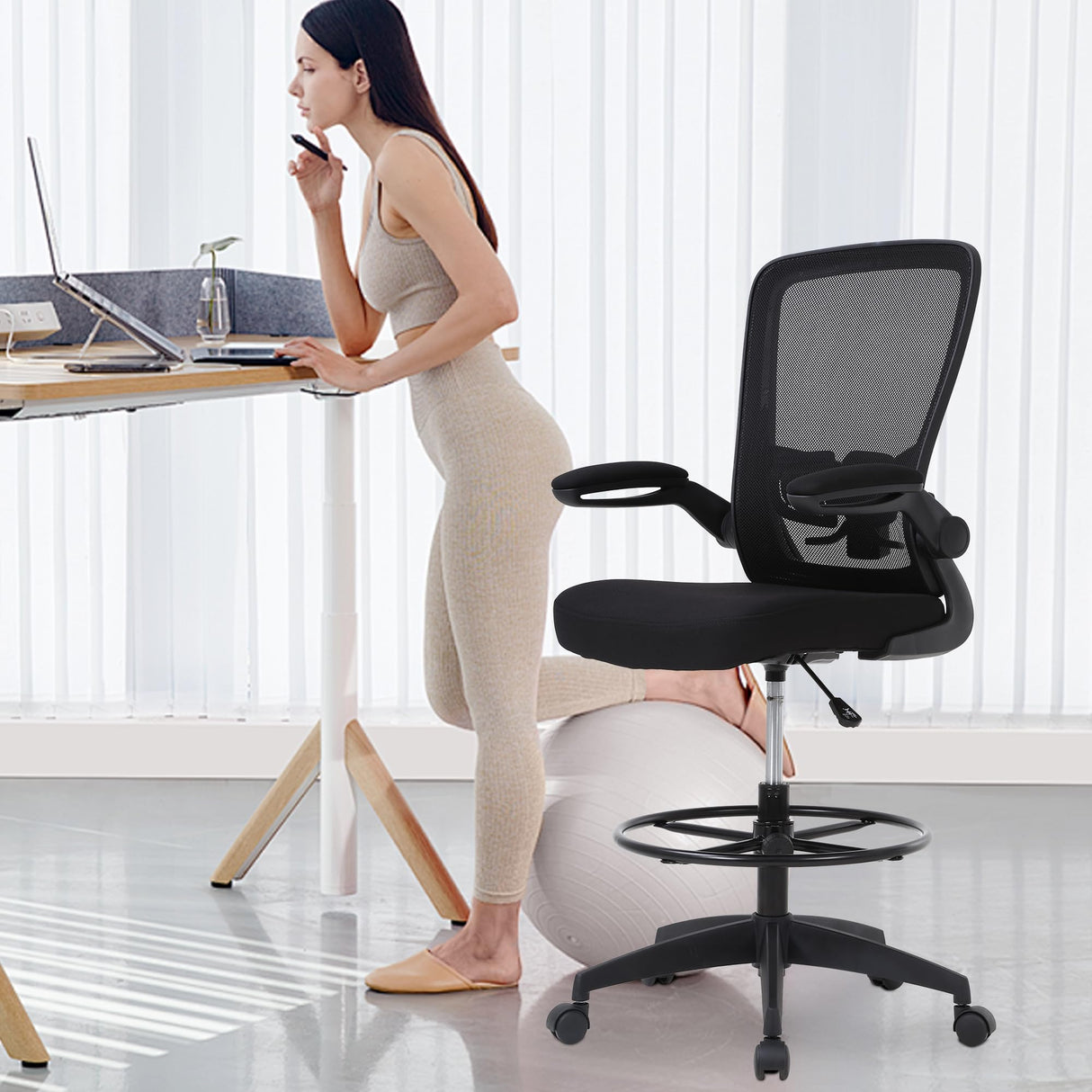 PayLessHere Ergonomic Drafting Chair Tall Office Chair High Adjustable Standing Desk Chair with Lumbar Support Mesh Back Footrest Flip-Up Arms for Office Computer Desk Standing Desk (Black) PayLessHere