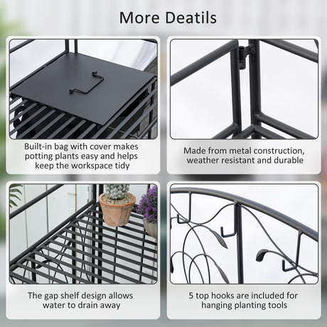 Outsunny Folding Potting Bench Table, Metal Garden Workstation, Work Bench with Large Built-in Bag with Cover, 5 Hanging Hooks & Storage Shelf, Leaf Pattern Outsunny