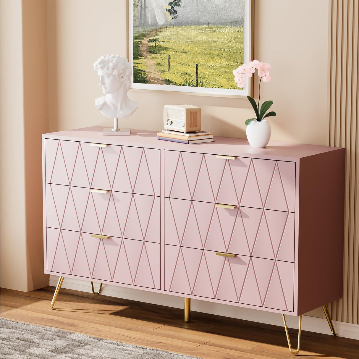 Anbuy Pink Large Dresser 6 Drawer Dresser for Bedroom, Chest of Drawer with 6 Wide Drawers Wood Storage Cabinet Organizer with Metal Gold Legs for Bedroom, Living Room, Entryway Anbuy
