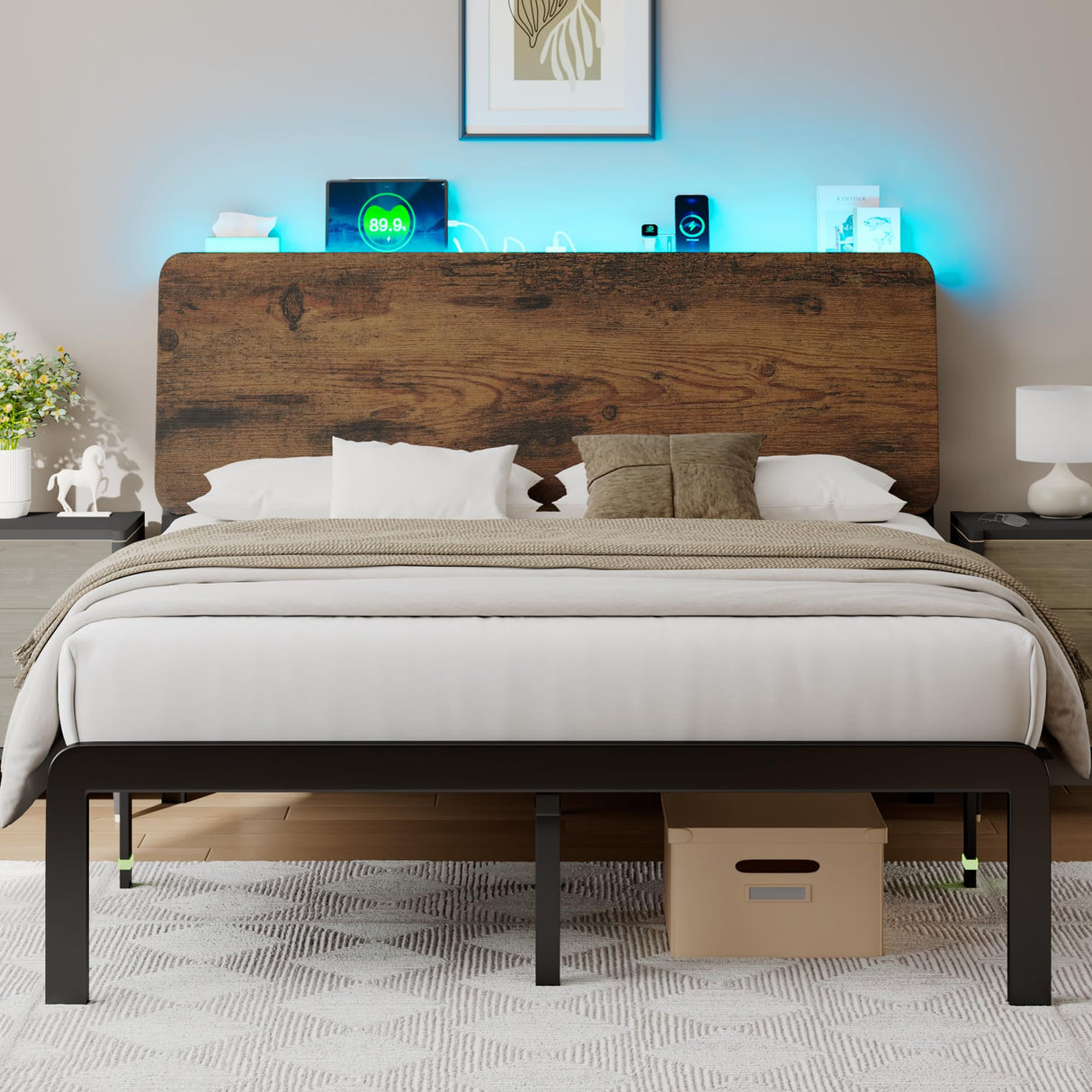 Feonase Full Size Bed Frame with Ergonomic Storage Headboard & Charging Station, LED Platform Bed Frame, Heavy Duty Metal Slats, No Box Spring Needed, Easy Assembly, Rustic Feonase
