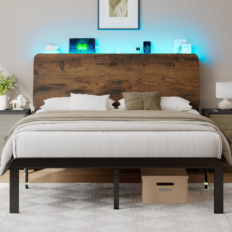 Feonase Full Size Bed Frame with Ergonomic Storage Headboard & Charging Station, LED Platform Bed Frame, Heavy Duty Metal Slats, No Box Spring Needed, Easy Assembly, Rustic Feonase