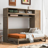 FAVSH Full Size Murphy Bed with Wardrobe, Drawers & Open Shelves,Wall Bed with Long Shelf/Desk, Space-Saving Hidden Bed, Fold-The-Way Bed for Small Rooms,Antique Wood FAVSH