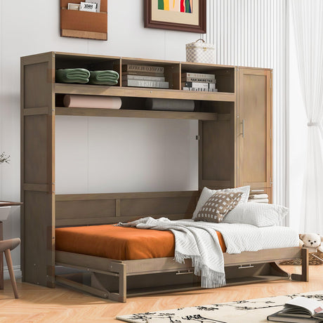 FAVSH Full Size Murphy Bed with Wardrobe, Drawers & Open Shelves,Wall Bed with Long Shelf/Desk, Space-Saving Hidden Bed, Fold-The-Way Bed for Small Rooms,Antique Wood FAVSH