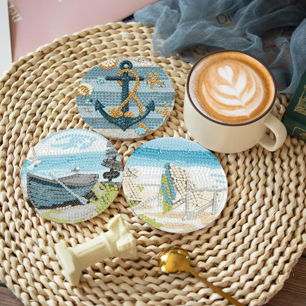 Summer Beach Diamond Art Coaster Kit with Holder,8pcs Diamond Painting Coaster,Gem Art Coasters Kit for Home Wall Decor Amshem