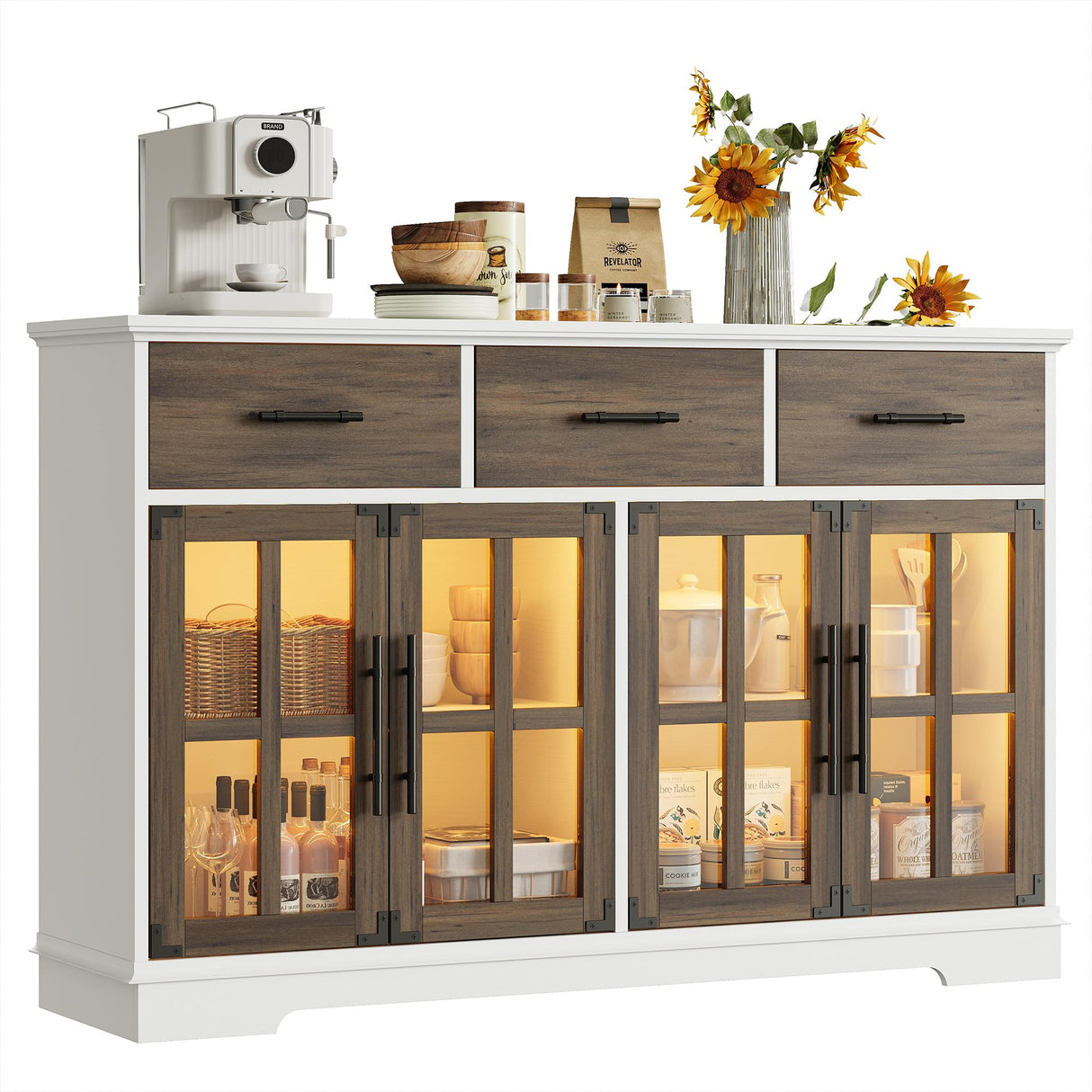 IRONCK Buffet Cabinet with Storage, 55" Large Sideboard Buffet Storage Cabinet with LED Lights, Farmhouse Coffee Bar Wood Liquor Cabinet for Kitchen, Dining Room, White and Oak IRONCK