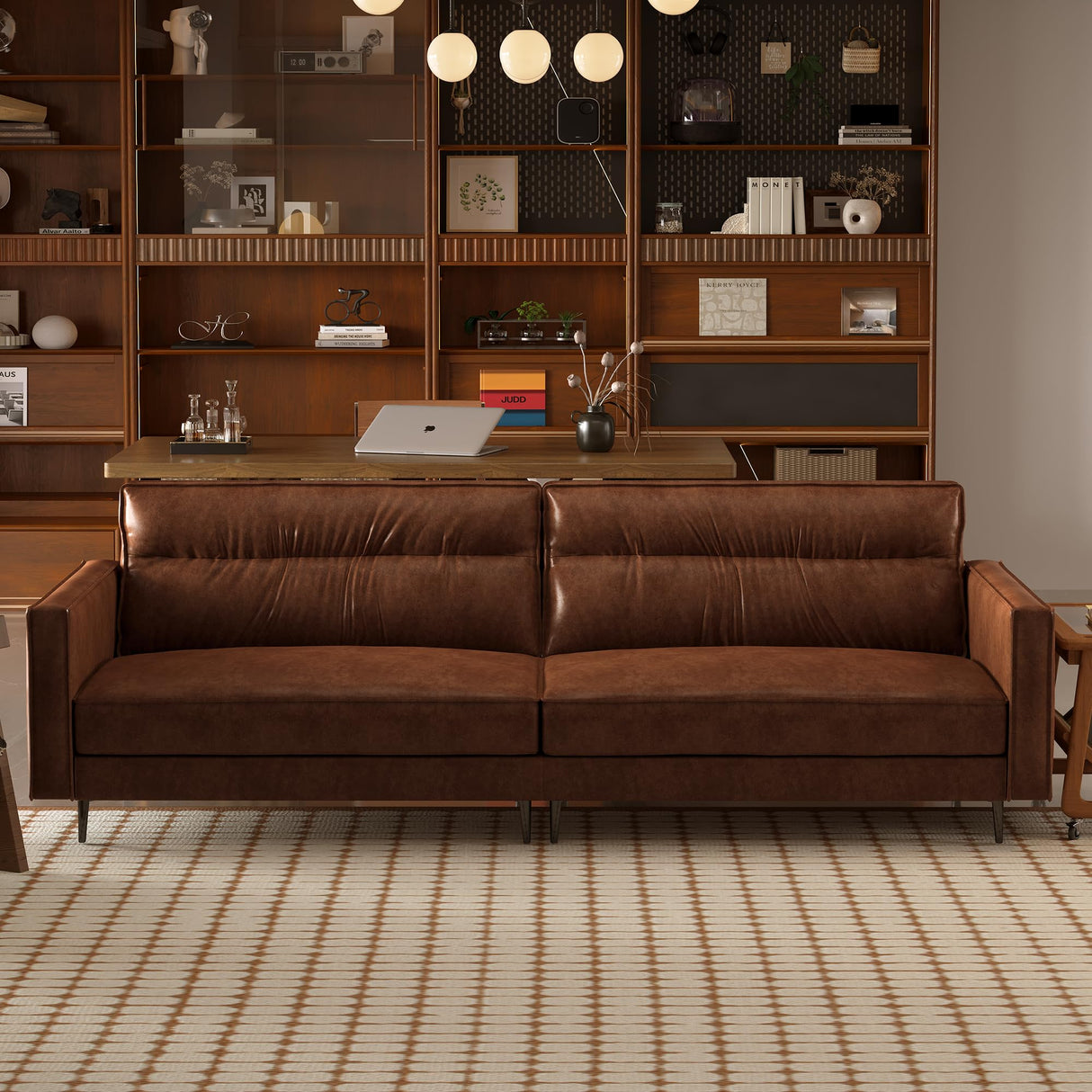 Pajiasen Mid-Century Modern Faux Leather Sofa Couch, 86" Brown 3-Seater Leather Sofa with Deep Cushions, Square Armrests & Sturdy Metal Legs, Retro Contemporary Couch for Living Room Pajiasen