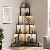 BELLEZE 5-Tier Corner Bookshelf with RGB Lights and Remote, 66" Tall L-Shaped Corner Bookcase, Storage & Display Rack for Living Room, Courtyard, Home Office - Gray BELLEZE
