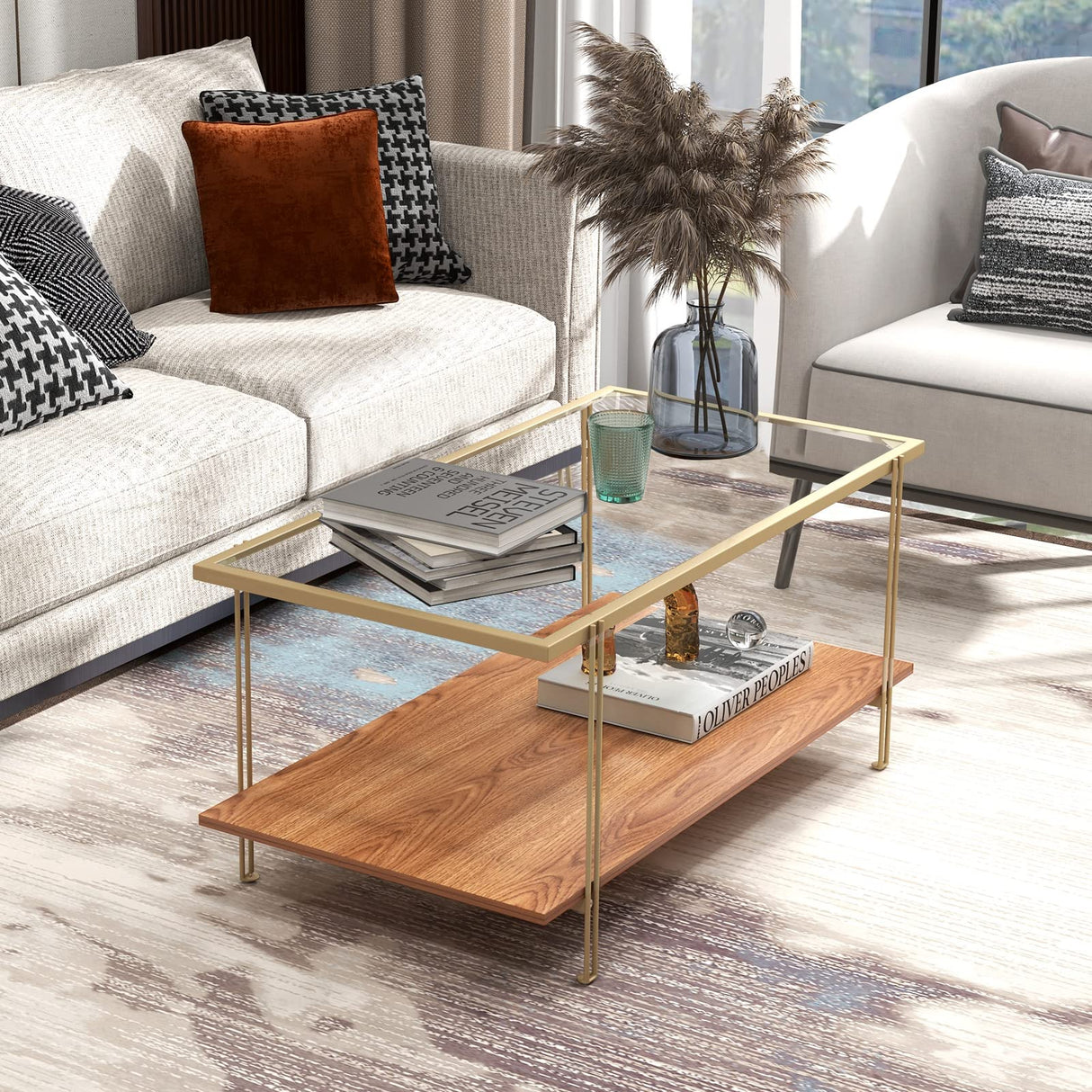 Tangkula Glass Coffee Table, 40In Mid Century 2 Tier Rectangle Coffee Table, Tempered Glass Top & Wood Storage Shelf, Steel Frame, Adjustable Feet, Modern Cocktail Accent Table for Living Room (Gold) Tangkula
