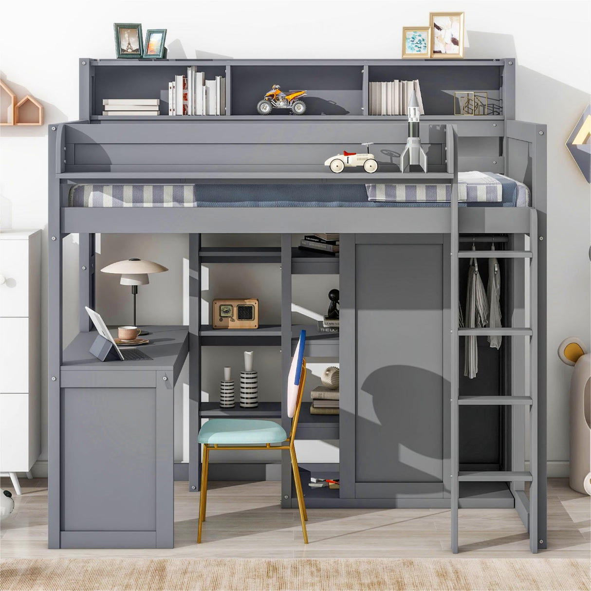 Modern Grey Twin Size Loft Bed with Built-in Desk and Ample Storage by Bekeknlny Bekeknlny