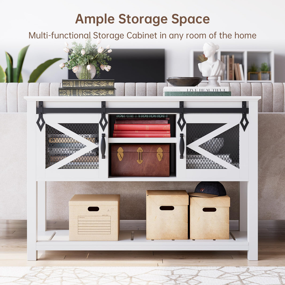 GAOMON Farmhouse Entryway Table with Sliding Barn Doors, Sofa Table with Storage and Open Shelf, Console Tables for Entryway, Hallway, White GAOMON