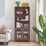 MAHYIZYI 71" Tall Bookshelf with Glass Doors, 5-Tier Arched Bookcase with Storage & Adjustable Shelf, Freestanding Wood Book Shelf Modern Farmhouse Display Cabinet for Living Room, Office (Walnut) MAHYIZYI